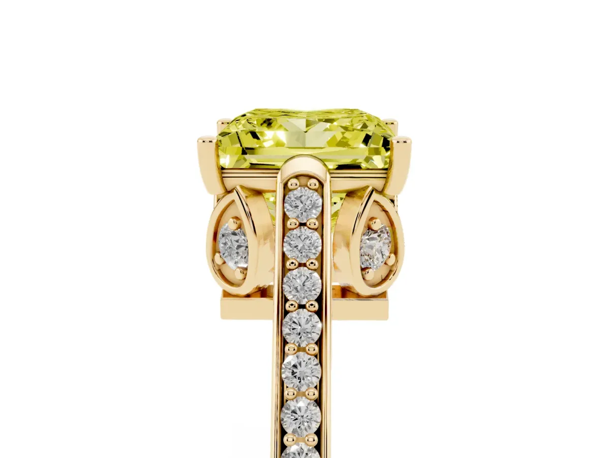 Fancy Yellow Princess Cut Cut Cathedral Pave Diamond Engagement Ring with Six-Prong Setting Yellow gold