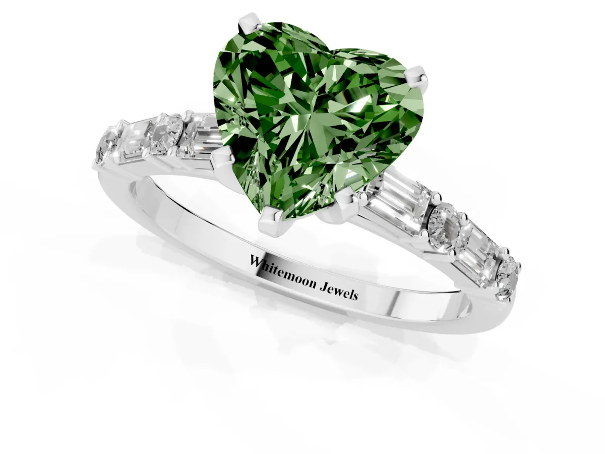 Fancy Green Heart Cut Diamond Solitaire with Side Baguettes and Channel Set Band White gold