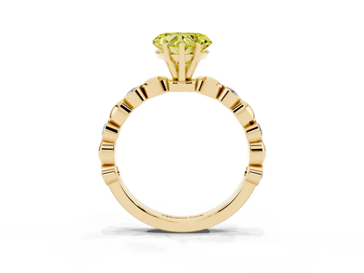 Fancy Yellow Heart Cut Solitaire Bezel-Set Diamond Ring with Beaded Band and Four-Prong Setting Yellow gold
