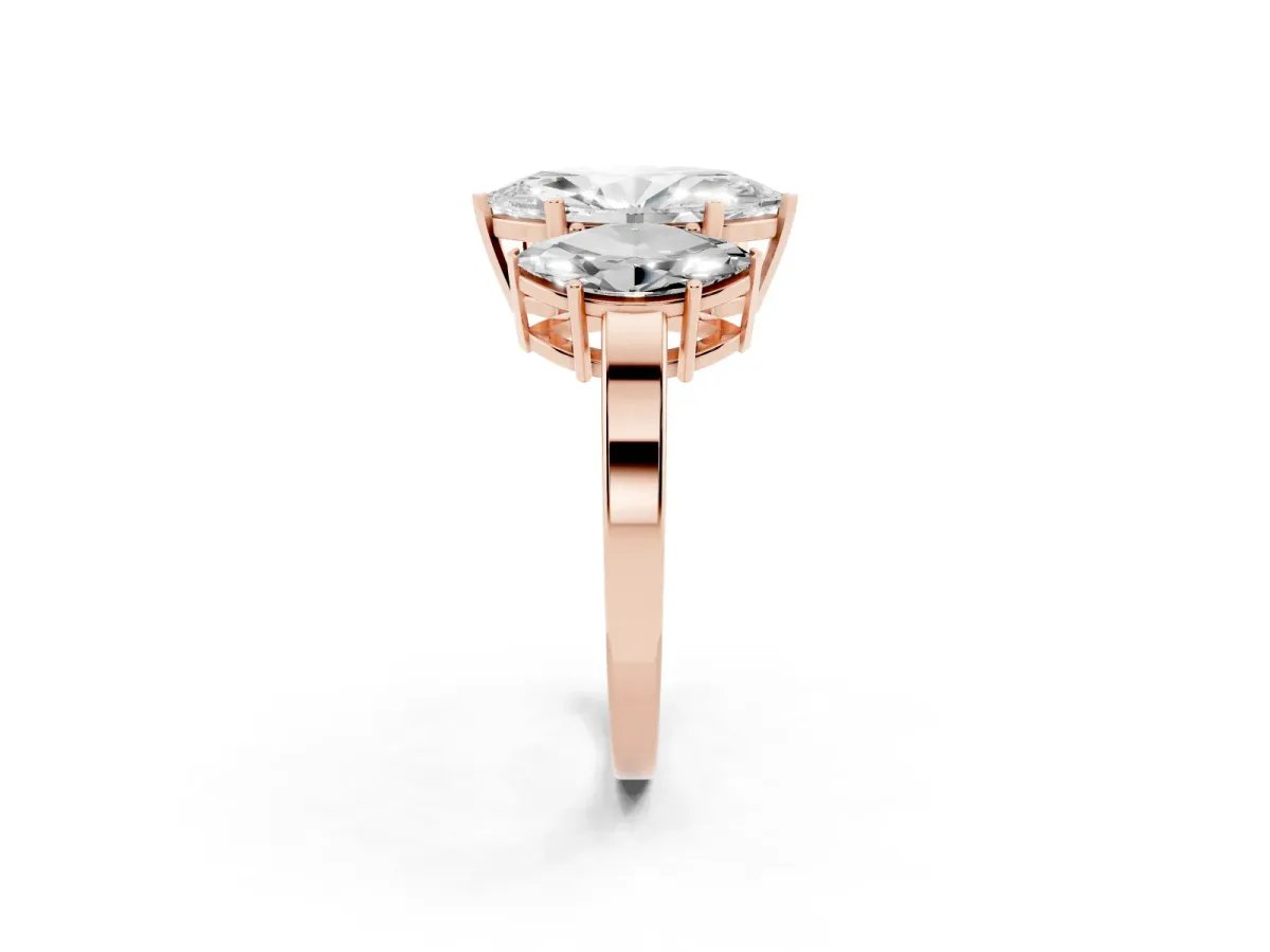 Three-Stone Marquise Cut Cut Diamond Engagement Ring with Flat Band and Four-Prong Setting Rose gold