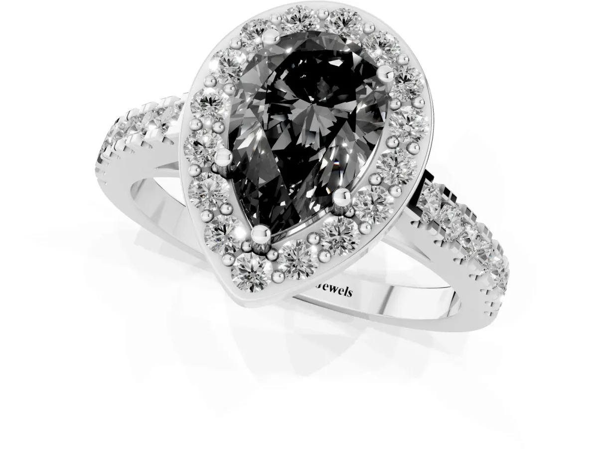 Fancy Black Pear Cut Diamond Halo Ring with Round Pavé Split Shank and Prong Setting Platinum