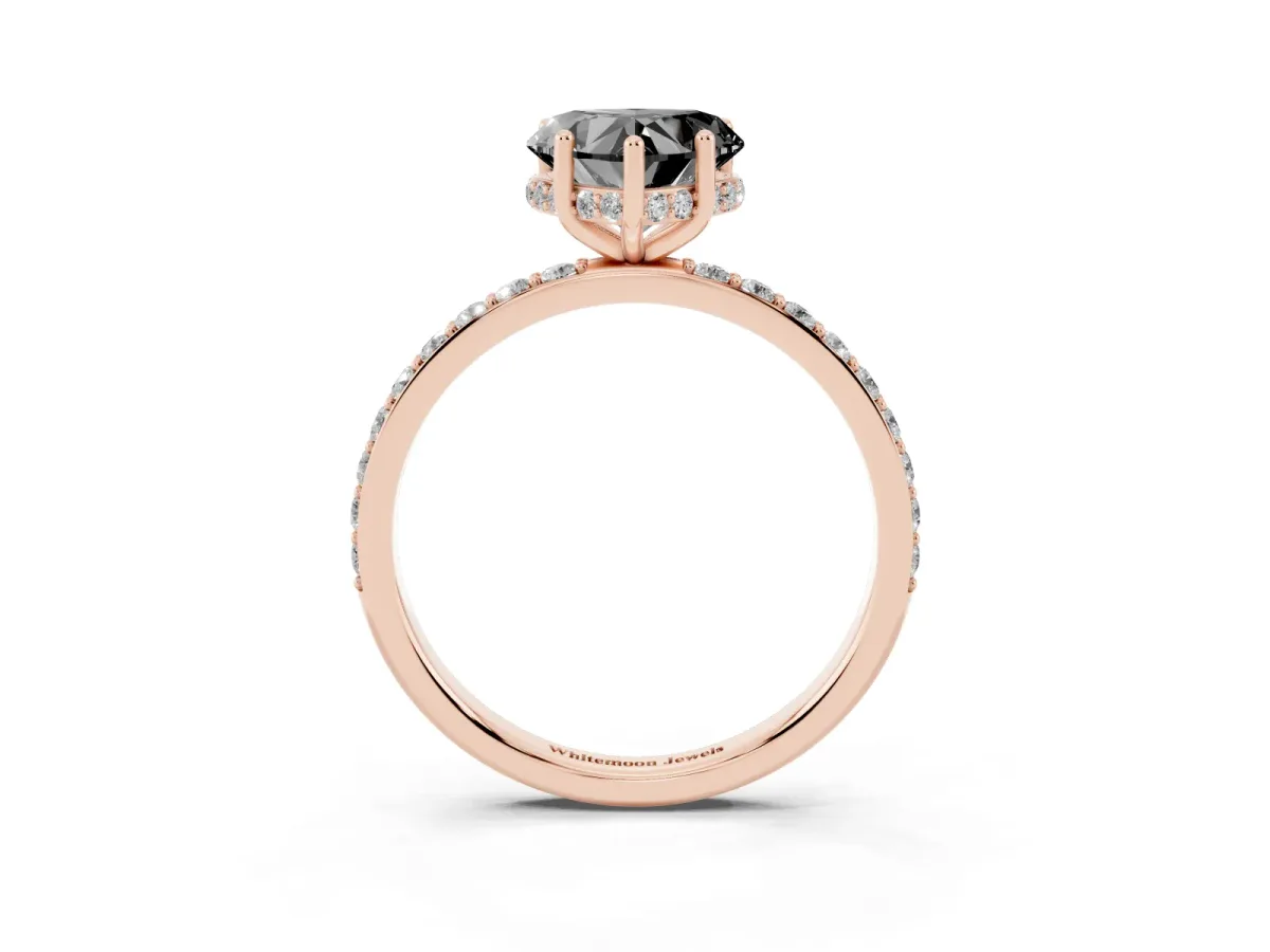 Fancy Black Heart Cut Diamond Solitaire Ring with Pavé Band and Hidden Halo Rose gold