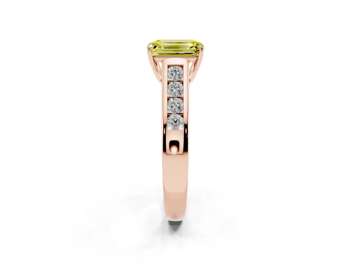 Fancy Yellow Emerald Cut Brilliant Channel-Set Solitaire Ring with Four-Prong Setting Rose gold