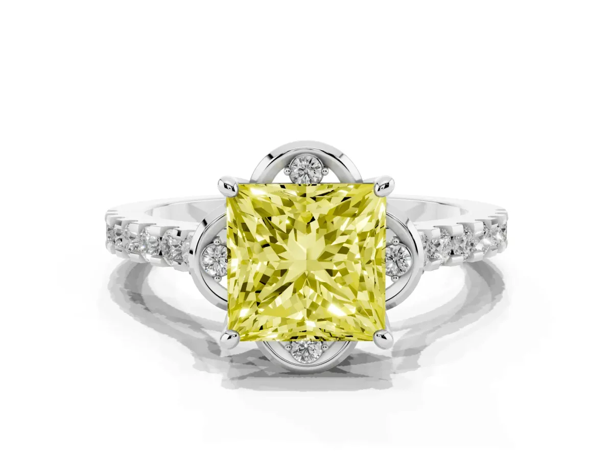 Fancy Yellow Princess Cut Diamond Ring with Pavé Band and Floral Prong Setting Silver