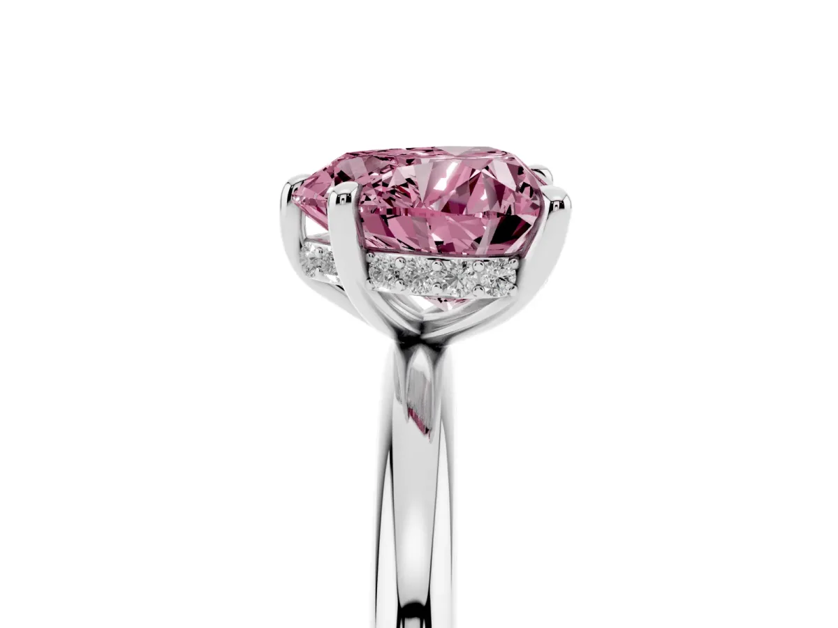 Fancy Pink Heart Cut Diamond Solitaire Ring with Thin Band and Four-Prong Setting Platinum