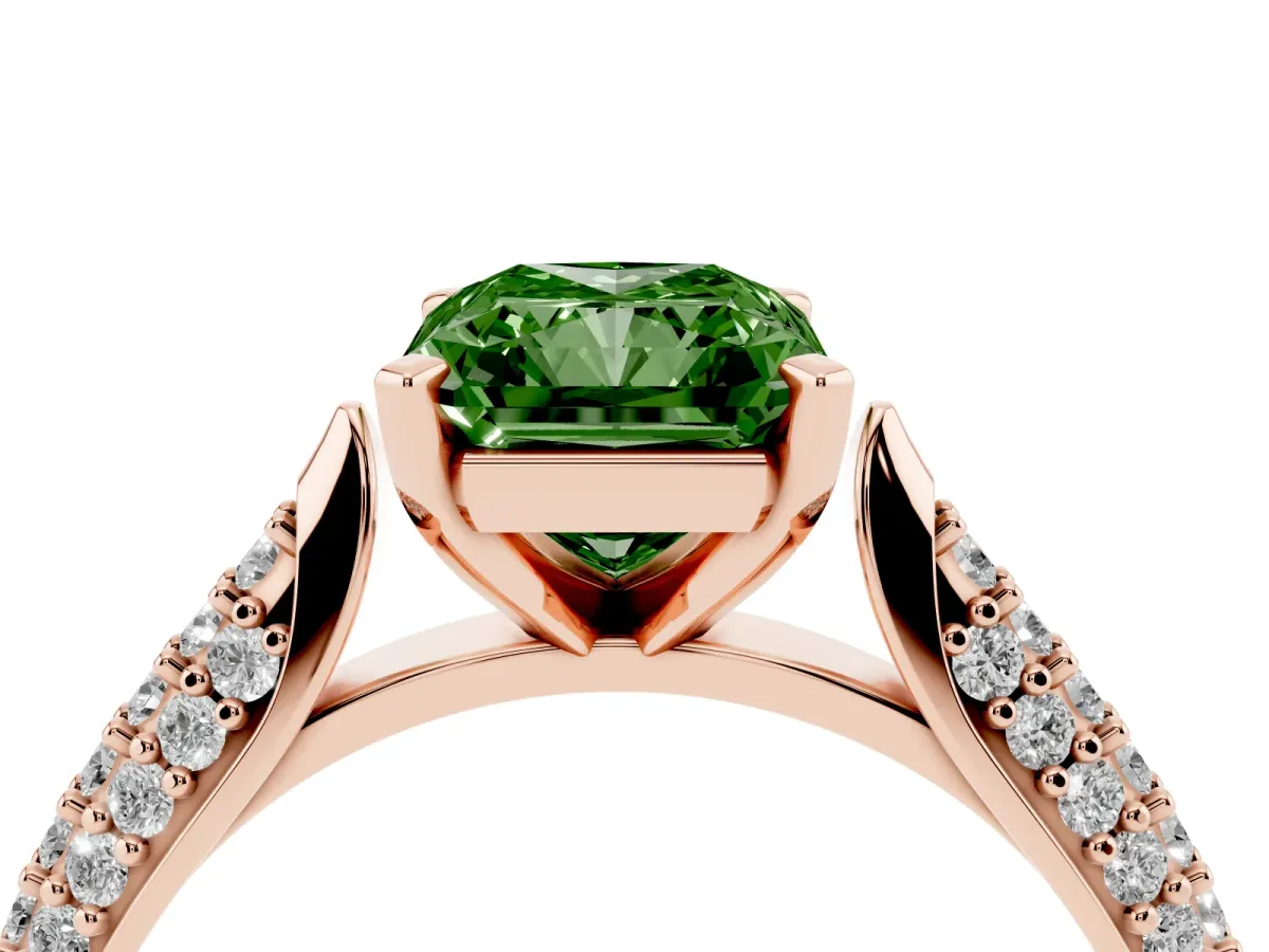 Fancy Green Radiant Cut Diamond Solitaire Engagement Ring with Multi-Row Round Pavé Band and Prong Setting Rose gold