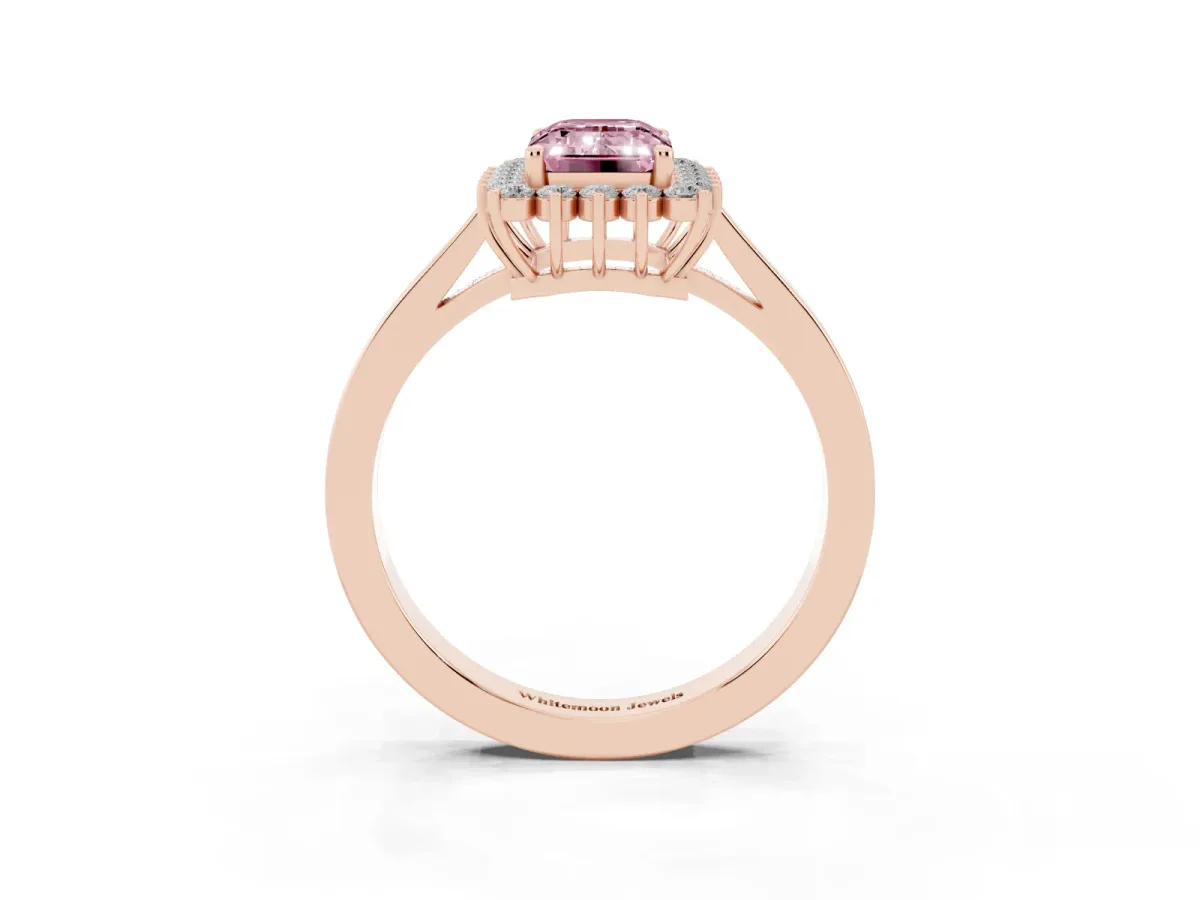 Fancy Pink Emerald Cut Cut Diamond Halo Ring with Round Brilliant Halo and Solitaire Band Rose gold