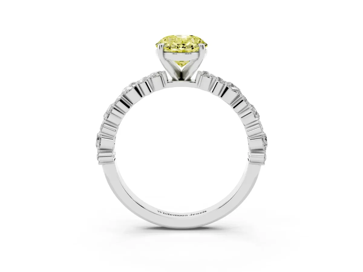 Fancy Yellow Oval Cut Diamond Side Stone Solitaire Ring with Round and Four-Prong Setting Platinum