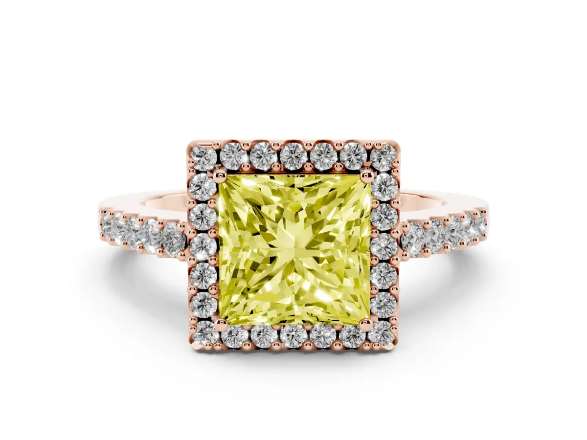 Fancy Yellow Princess Cut Halo Diamond Pavé Solitaire Ring Rose gold