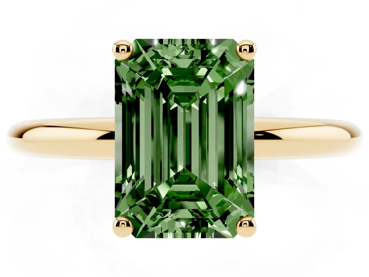 Fancy Green Emerald Cut Cut Solitaire Engagement Ring with Four-Prong Setting and Classic Band Yellow gold