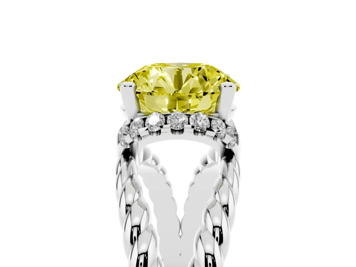 Fancy Yellow Round Cut Halo Twisted Band Four-Prong Ring Silver