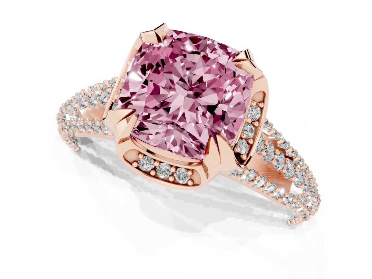 Fancy Pink Cushion Cut Solitaire Pave Split Shank Ring with Four-Prong Setting Rose gold