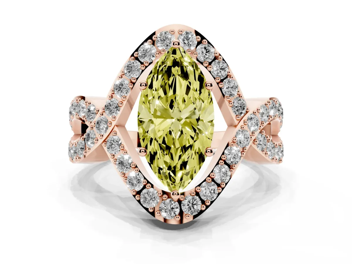 Fancy Yellow Marquise Cut Solitaire Twist Band Pavé Diamond Engagement Ring Rose gold