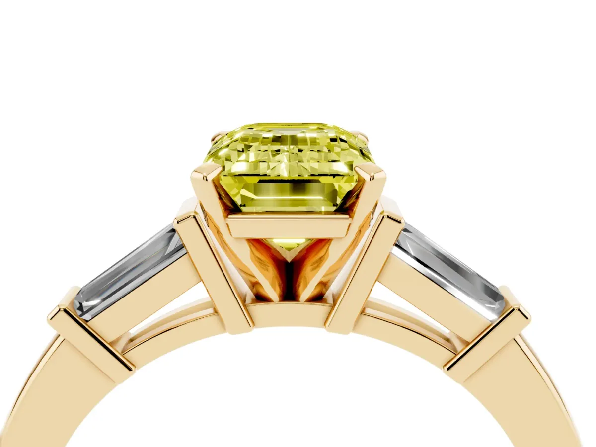Fancy Yellow Emerald Cut Cut Diamond Solitaire Ring with Tapered Baguette Accents and Four-Prong Setting Yellow gold