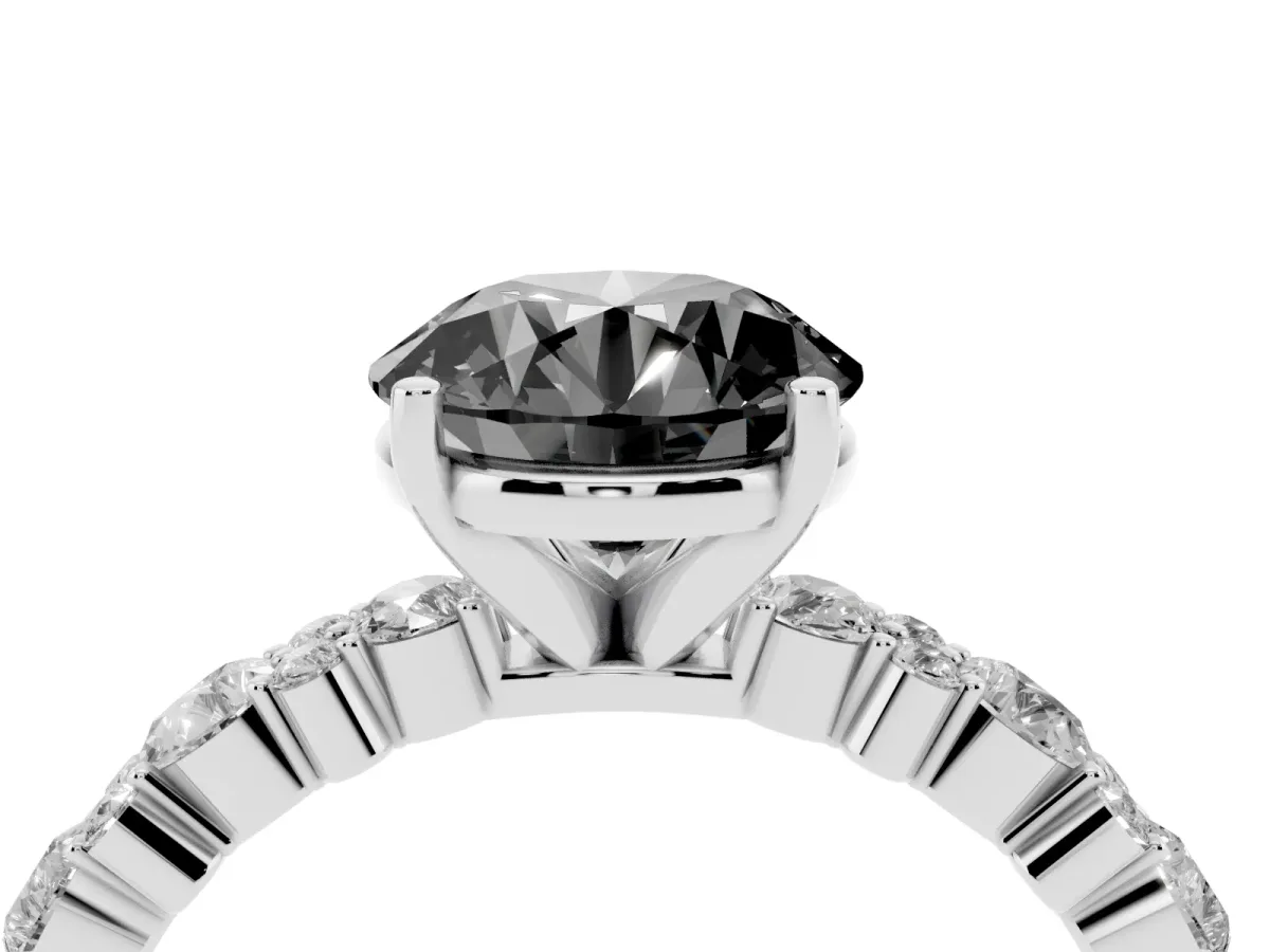 Fancy Black Round Cut Diamond Side Stone Solitaire Ring with Round and Four-Prong Setting Silver