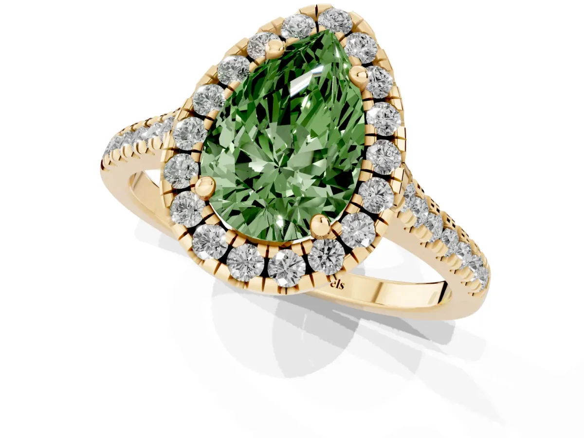 Fancy Green Pear Cut Diamond Cushion Halo Ring with Pavé Band Yellow gold