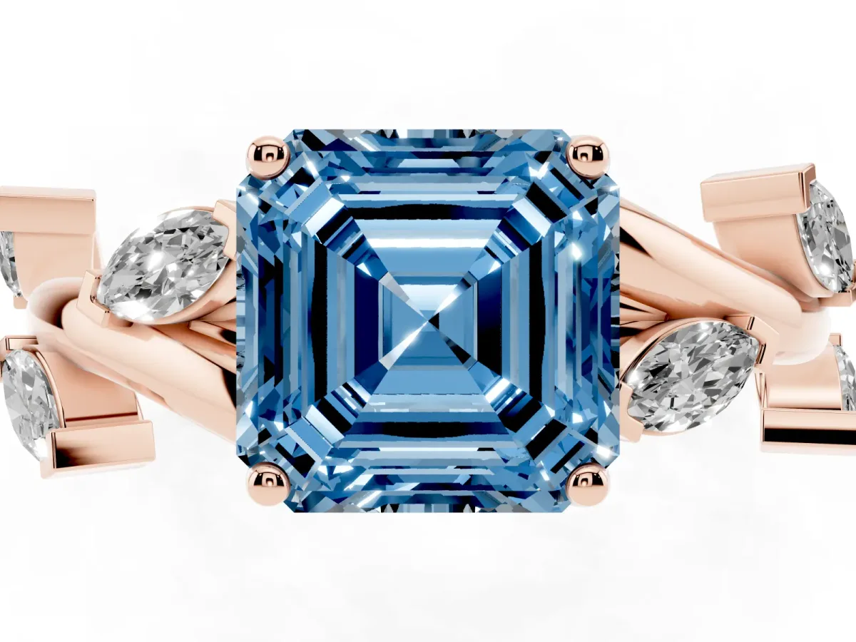 Fancy Blue Asscher Cut Solitaire Twisted Band Marquise Accent Prong Setting Ring Rose gold
