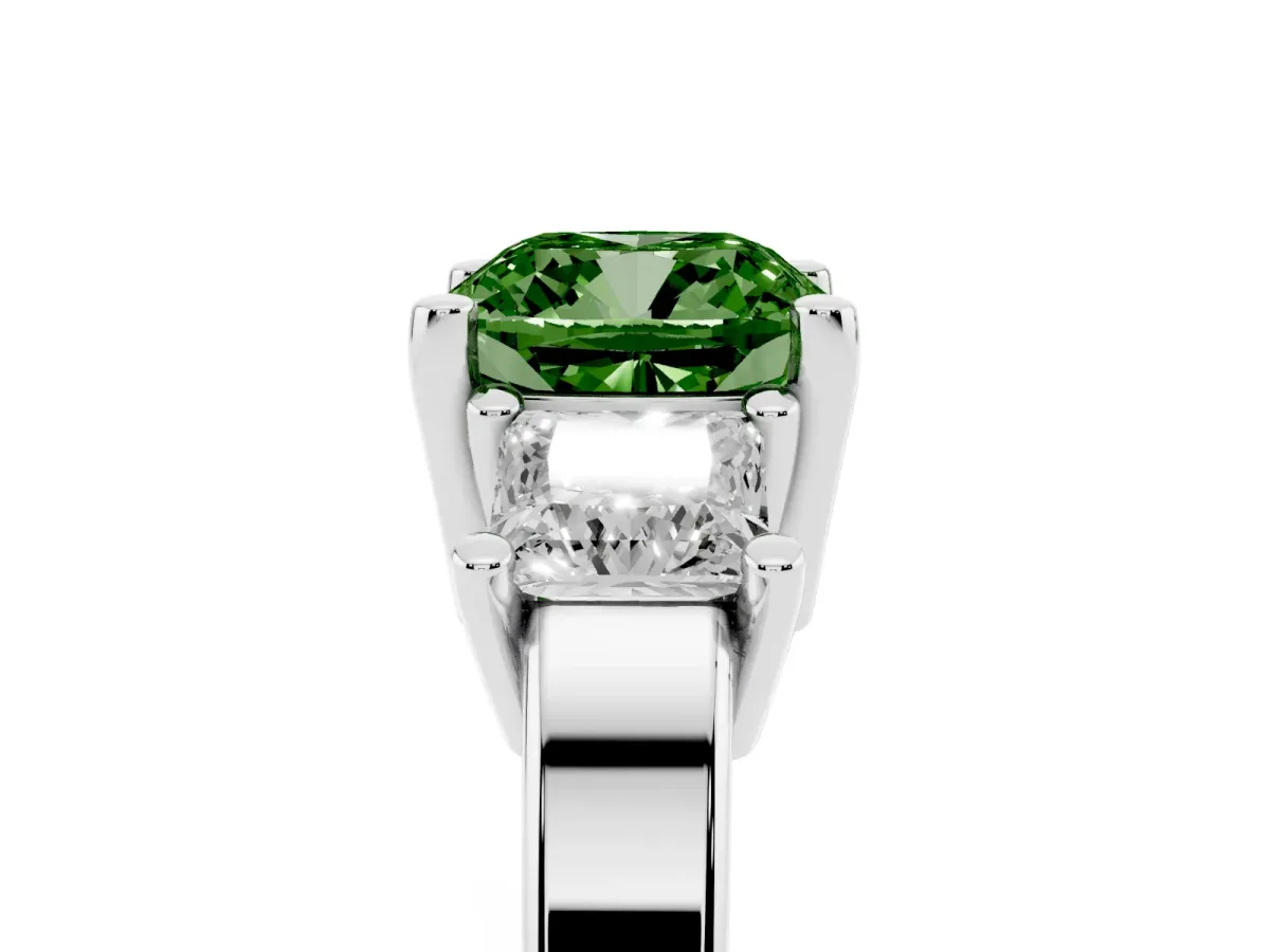 Fancy Green Three-Stone Cushion Cut Cut Solitaire Ring with Prong Setting Silver