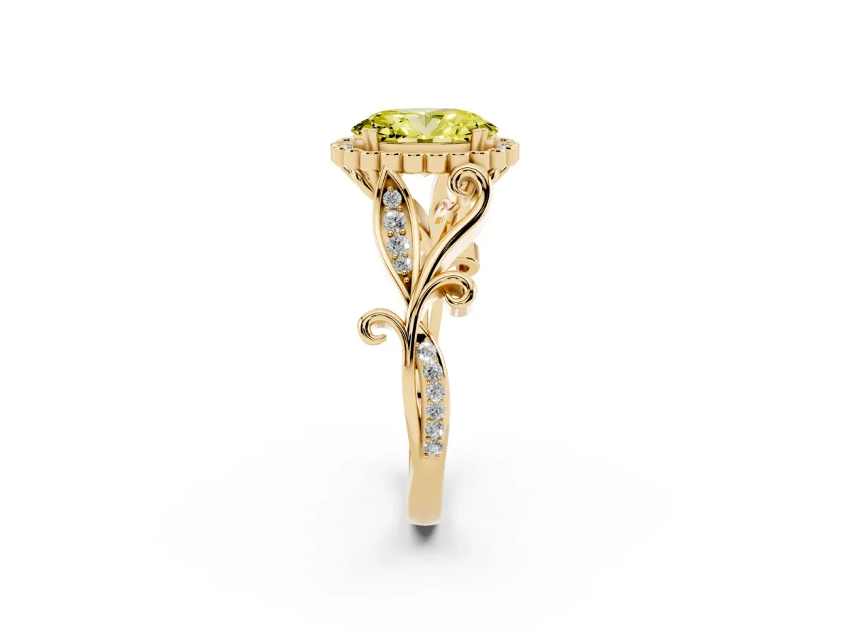 Fancy Yellow Oval Cut Diamond Halo Ring with Vintage Split Shank and Four-Prong Setting Yellow gold
