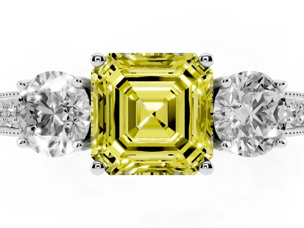 Fancy Yellow Asscher Cut Three-Stone Diamond Ring with Pavé Band and Four-Prong Setting Silver