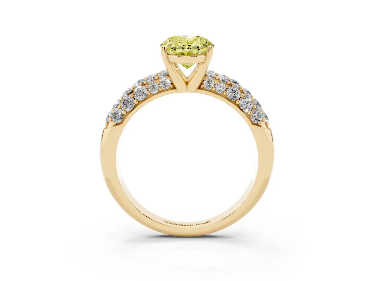 Fancy Yellow Oval Cut Diamond Pavé Band Solitaire Ring with Four-Prong Setting Yellow gold