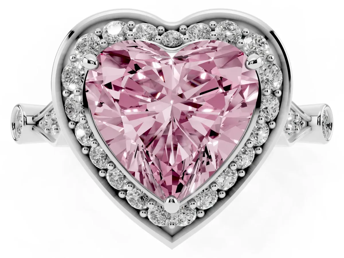 Fancy Pink Heart Cut Halo Diamond Engagement Ring with Twisted Band and Four-Prong Setting White gold