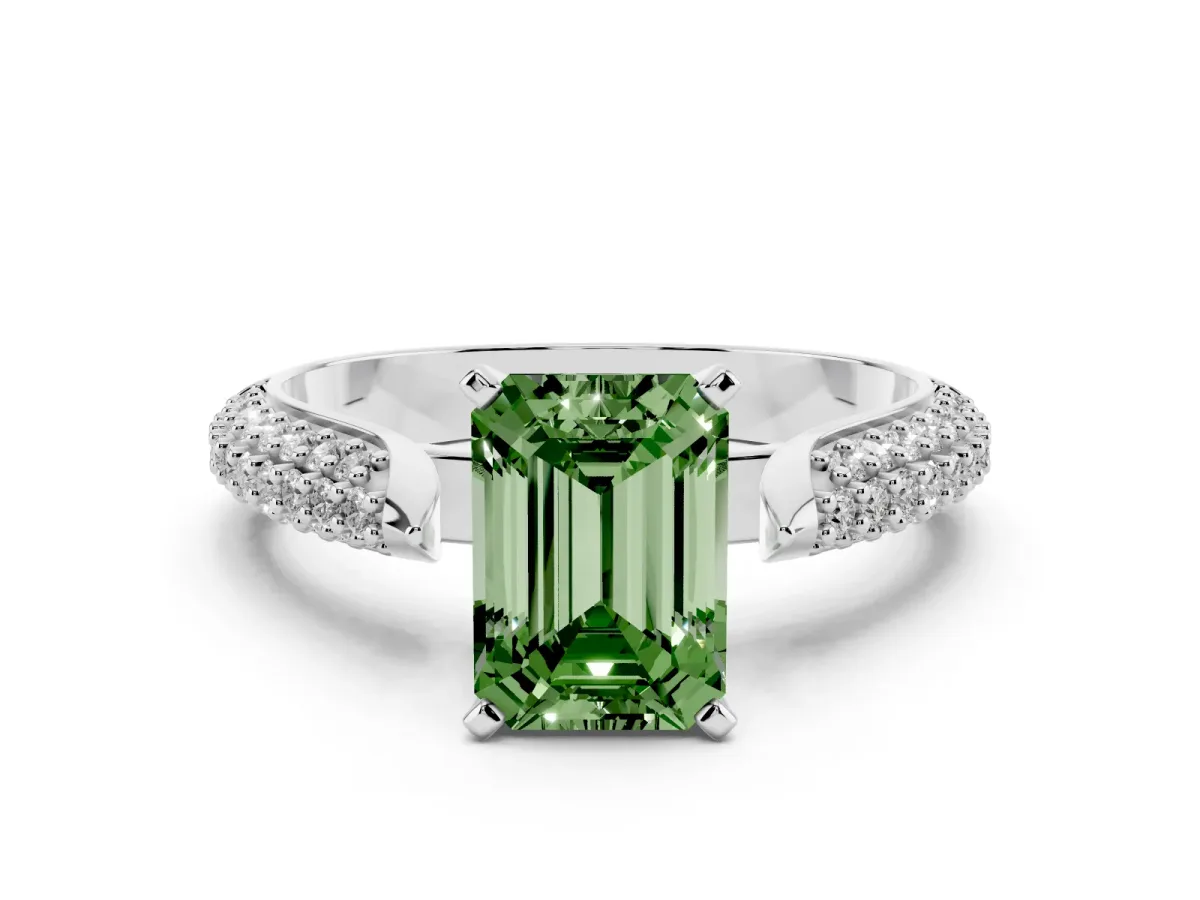 Fancy Green Emerald Cut Diamond Solitaire Engagement Ring with Multi-Row Round Pavé Band and Prong Setting Silver