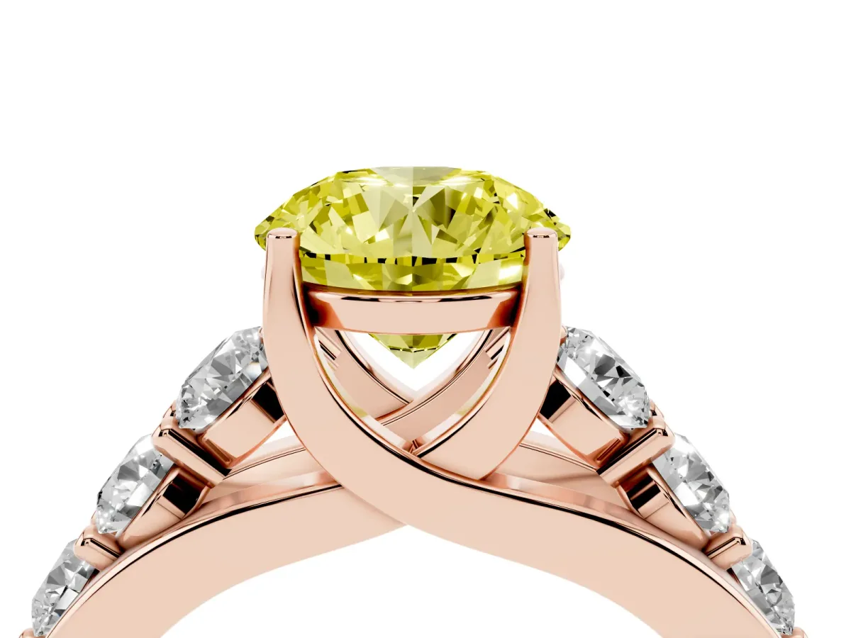 Fancy Yellow Round Cut Diamond Engagement Ring with Pavé Band and Four-Prong Setting Rose gold