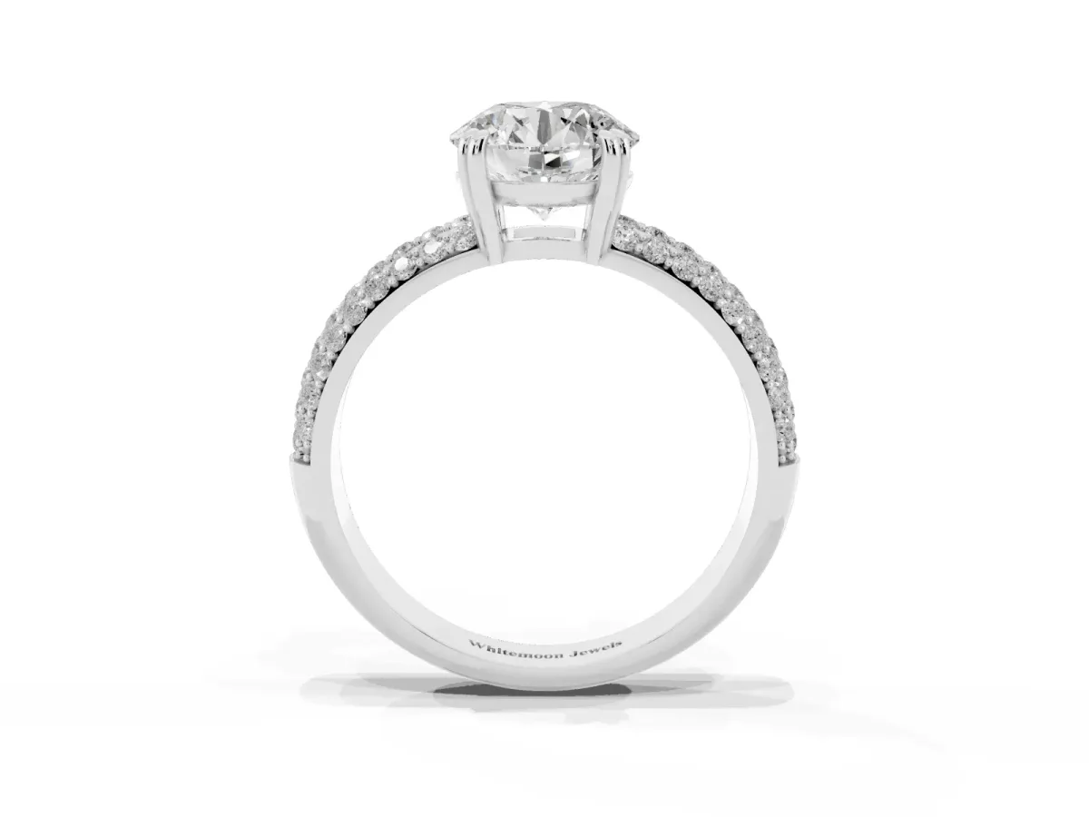 Round Cut Diamond Solitaire Ring with Multi-Row Round Pavé Band and Prong Setting Silver