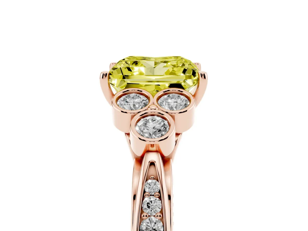 Fancy Yellow Princess Cut Cut Diamond Engagement Ring with Bezel Set Round Side Stones and Prong Setting Rose gold