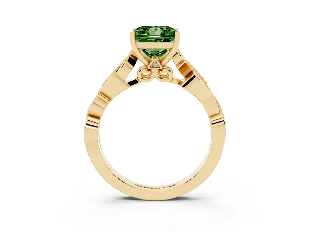 Fancy Green Princess Cut Solitaire Vine Band with Milgrain Prong Setting Yellow gold
