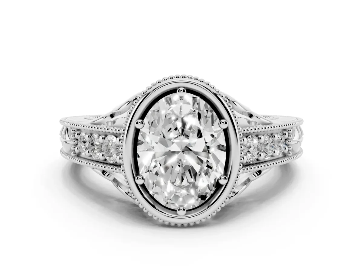 Bezel Set Oval Cut Diamond Milgrain Pave Engagement Ring Silver