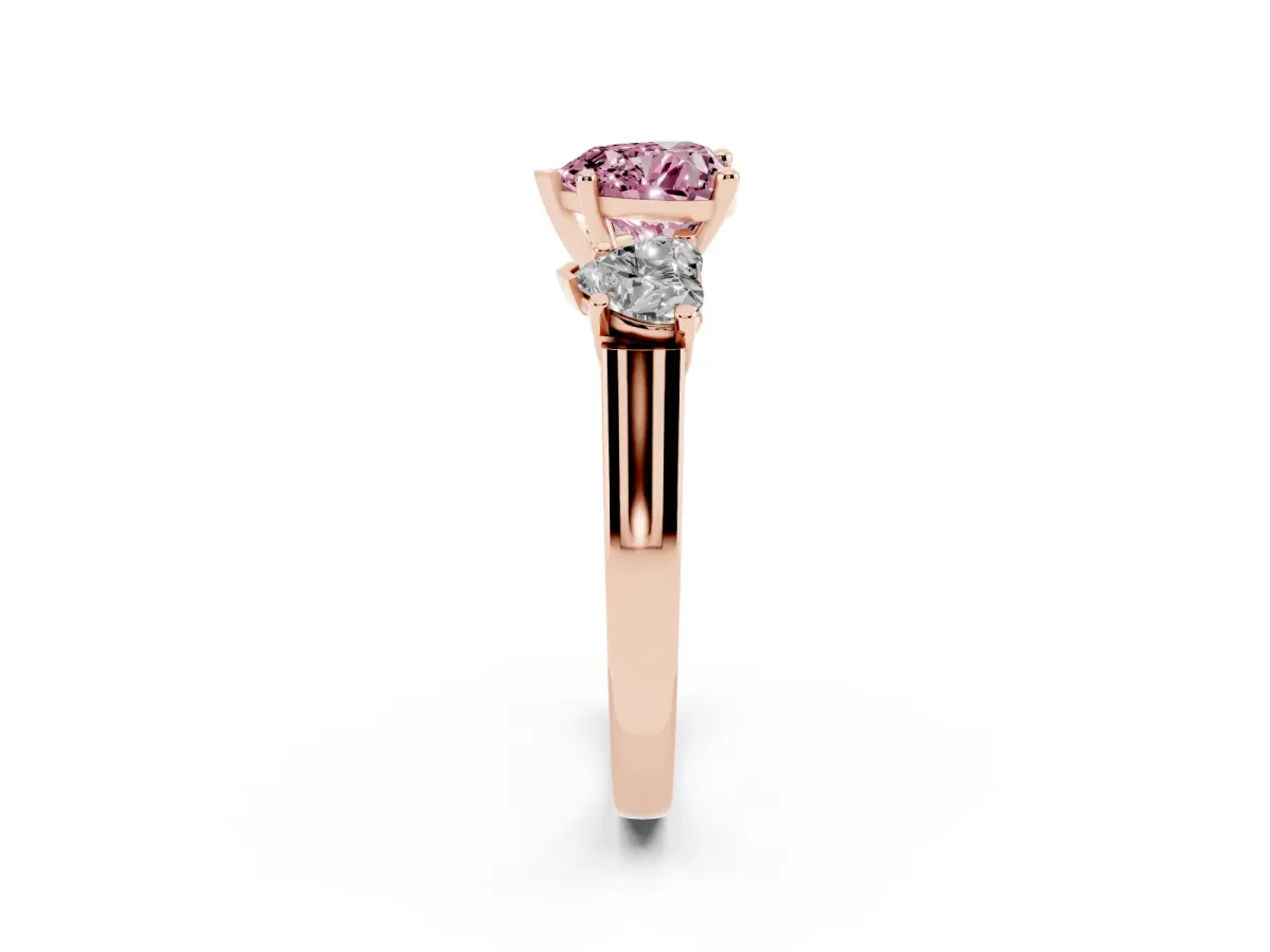 Fancy Pink Three-Stone Heart Cut Brilliant Diamond Trellis Ring with Comfort Fit Band Rose gold