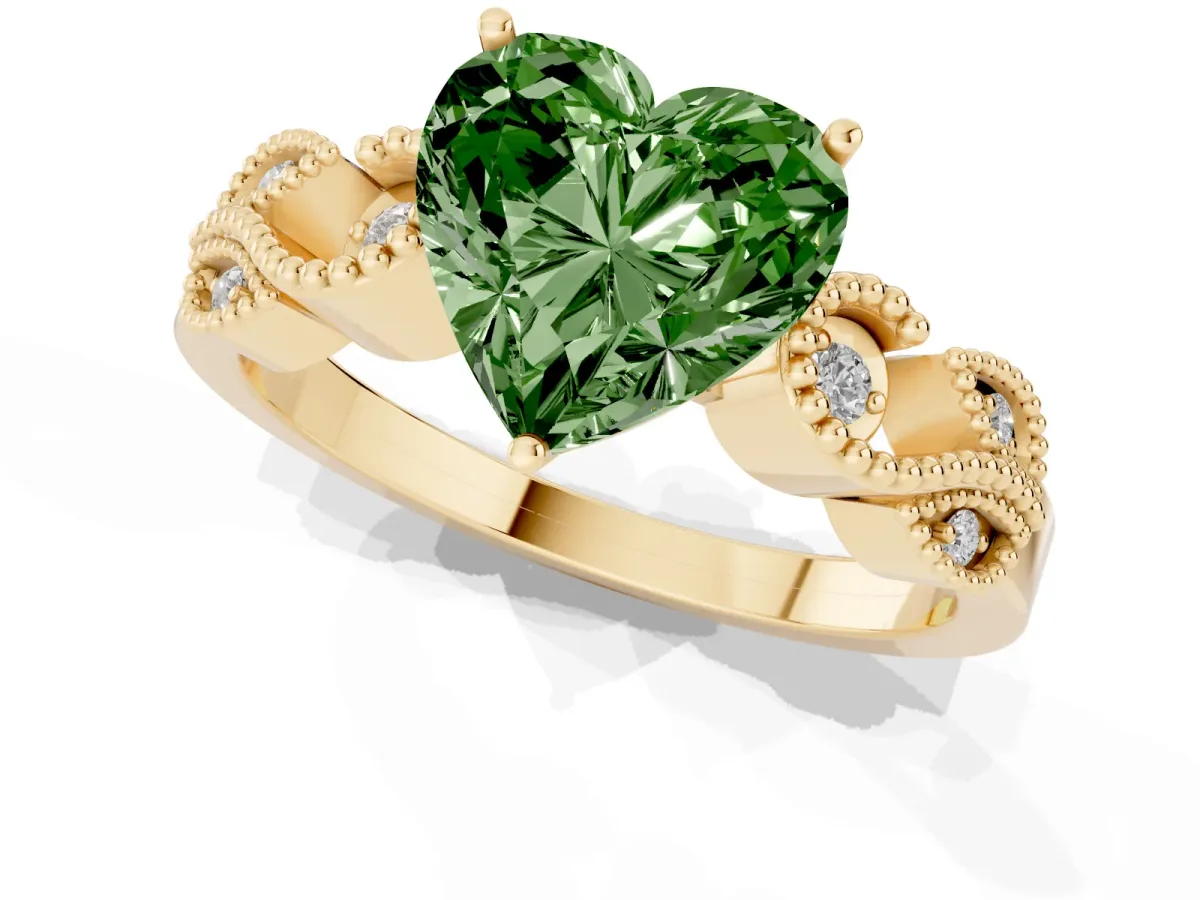 Fancy Green Heart Cut Solitaire Milgrain Leaf Band with Prong Setting Yellow gold