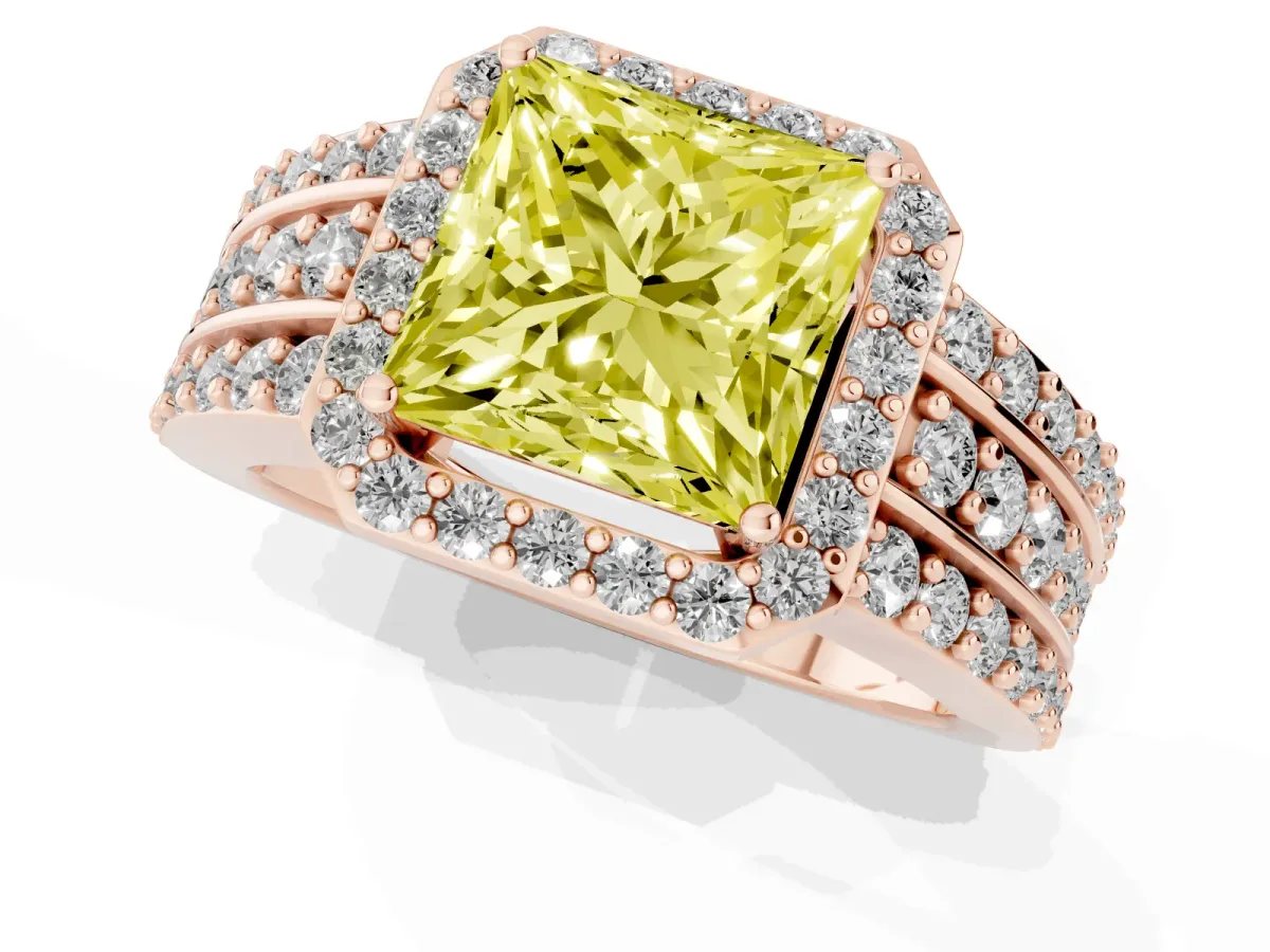 Fancy Yellow Princess Cut Halo Diamond Ring with Round Split Shank and Prong Setting Rose gold