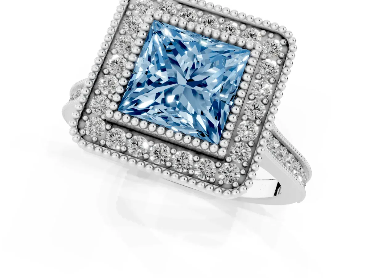 Fancy Blue Princess Cut Diamond Halo Ring with Milgrain Frame and Pavé Band Platinum