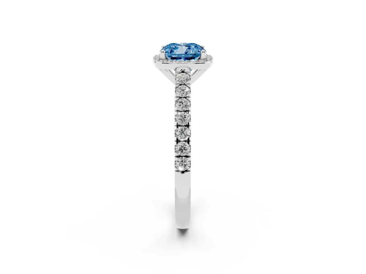 Fancy Blue Cushion Cut Cut Halo Diamond Engagement Ring with Pave Band and Four-Prong Setting Silver