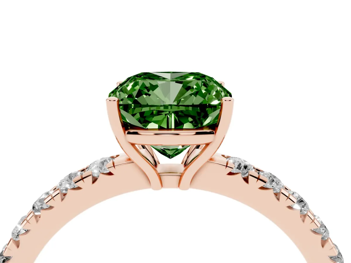 Fancy Green Cushion Cut Diamond Pavé Solitaire Engagement Ring with Four-Prong Setting Rose gold