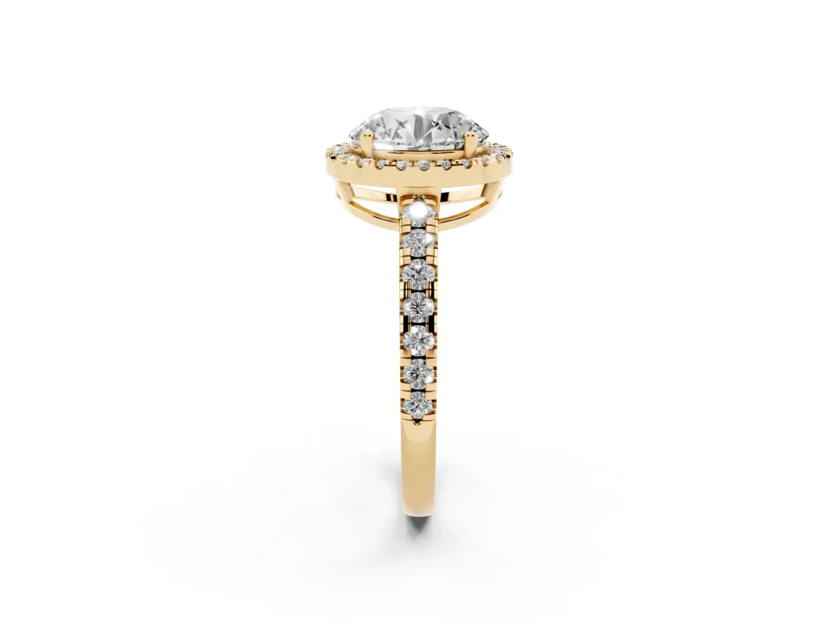 Round Cut Diamond Halo Ring with Pavé Band and Four-Prong Setting Yellow gold