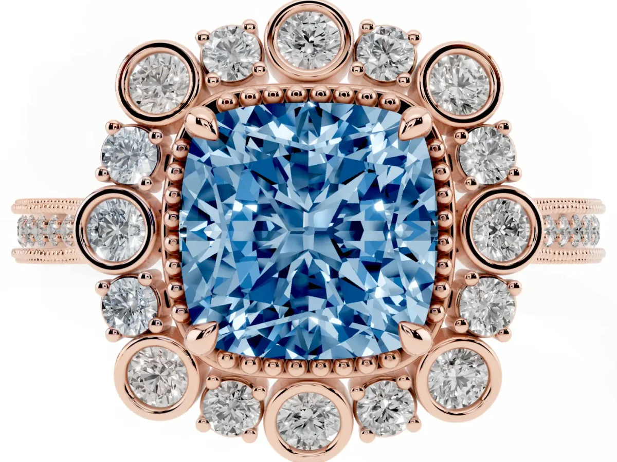 Fancy Blue Cushion Cut Halo Milgrain Pave Diamond Ring with Four-Prong Setting Rose gold