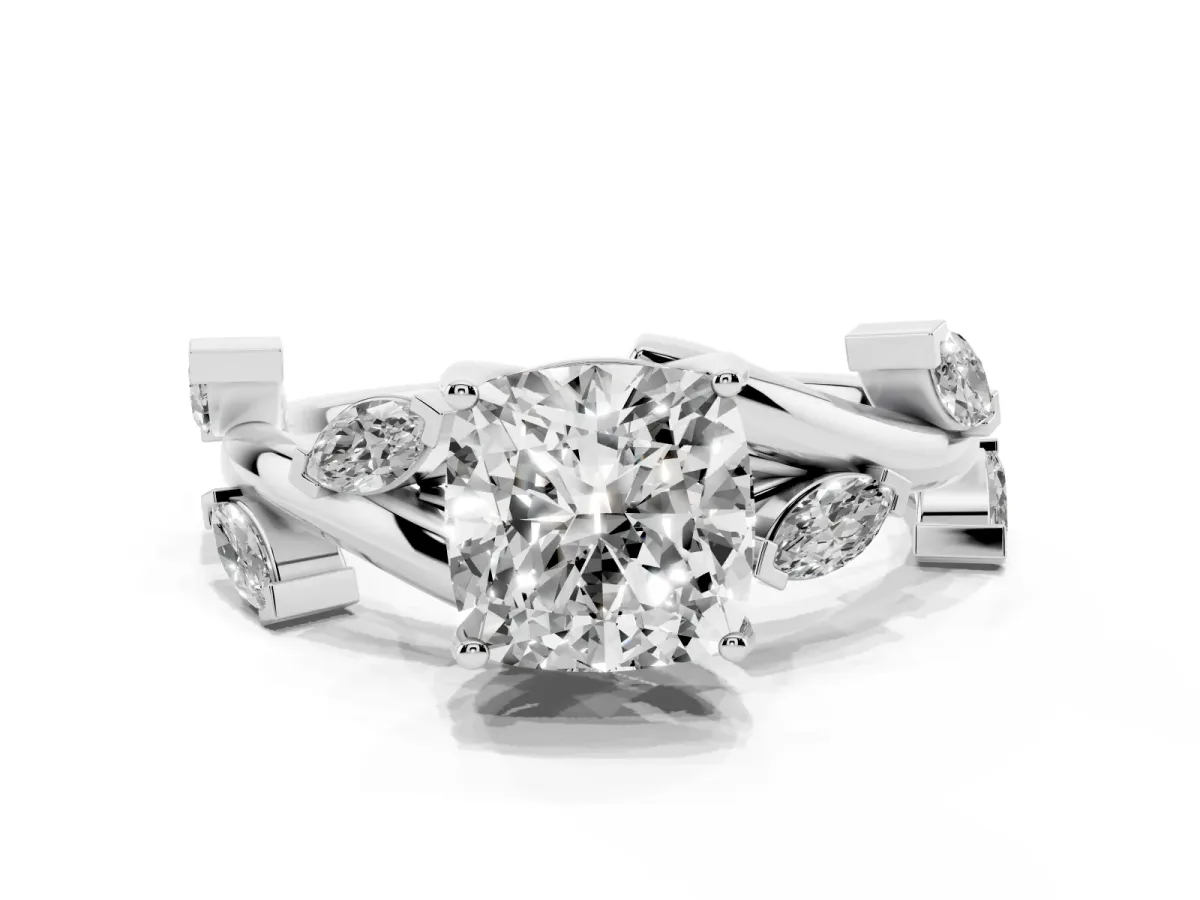 Cushion Cut Solitaire Twisted Band Marquise Accent Prong Setting Ring Silver