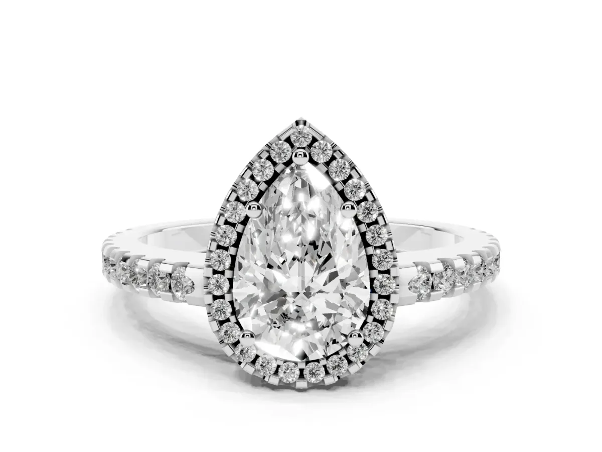 Pear Cut Diamond Halo Engagement Ring with Pavé Band and Prong Setting Silver