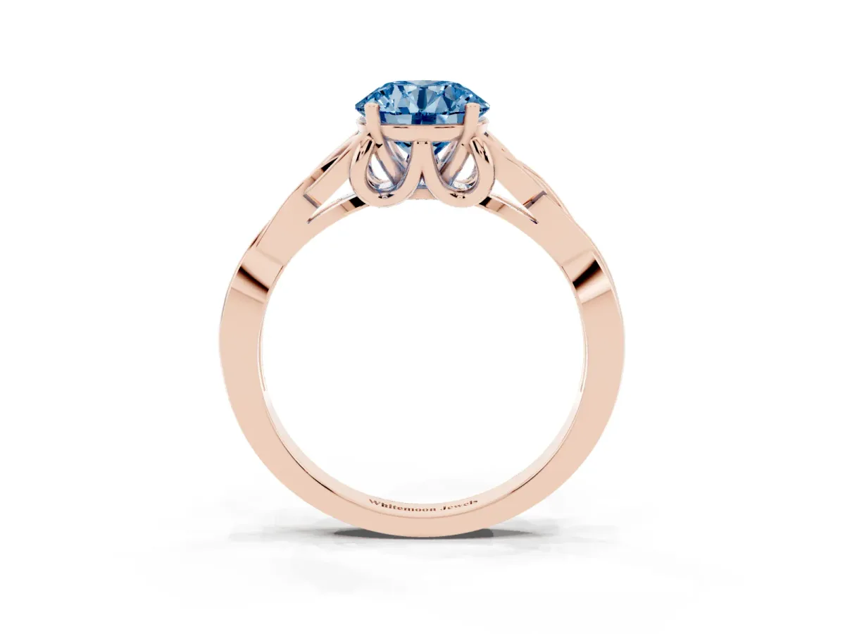 Fancy Blue Round Cut Diamond Solitaire Engagement Ring with Celtic Knot Band and Four-Prong Setting Rose gold