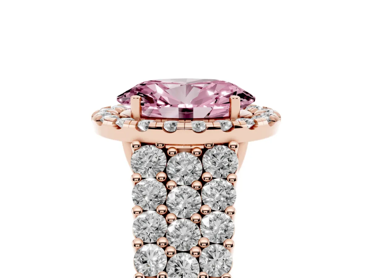 Fancy Pink Oval Cut Diamond Halo Engagement Ring with Triple Row Round Pavé Band and Prong Setting Rose gold