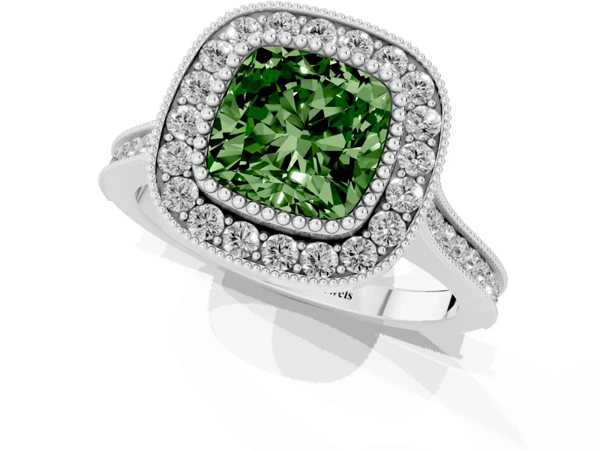 Fancy Green Cushion Cut Diamond Halo Ring with Milgrain Frame and Pavé Band White gold