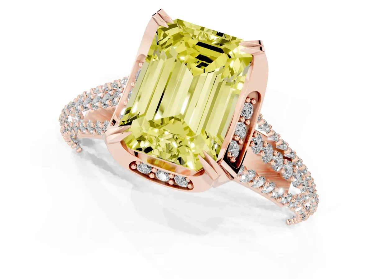 Fancy Yellow Emerald Cut Solitaire Pave Split Shank Ring with Four-Prong Setting Rose gold