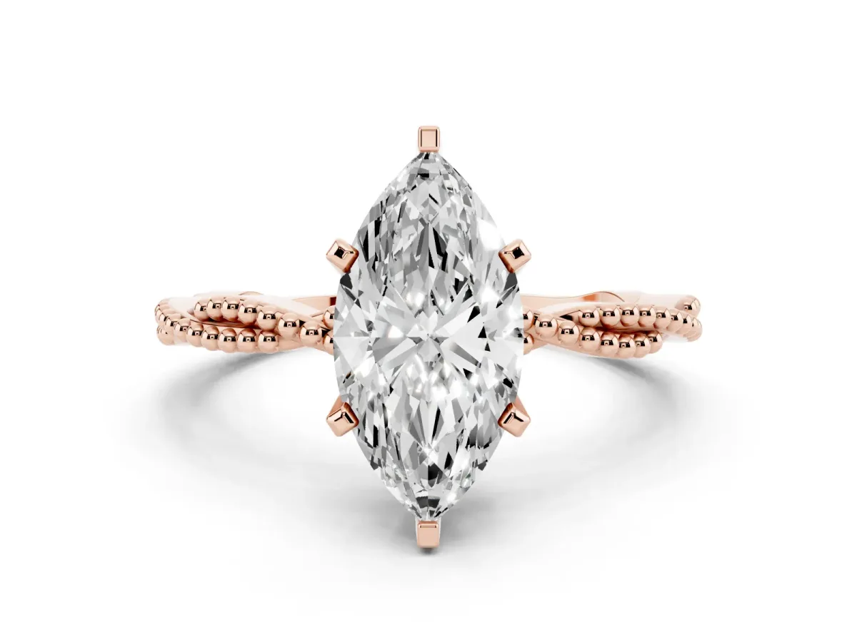 Marquise Cut Solitaire Twisted Band with Bead Prong Setting Rose gold