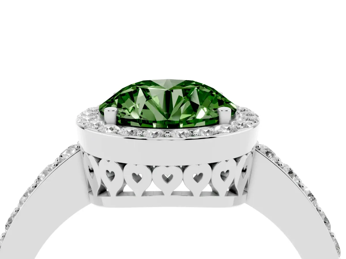Fancy Green Round Cut Halo Diamond Pavé Band Ring with Prong Setting Silver