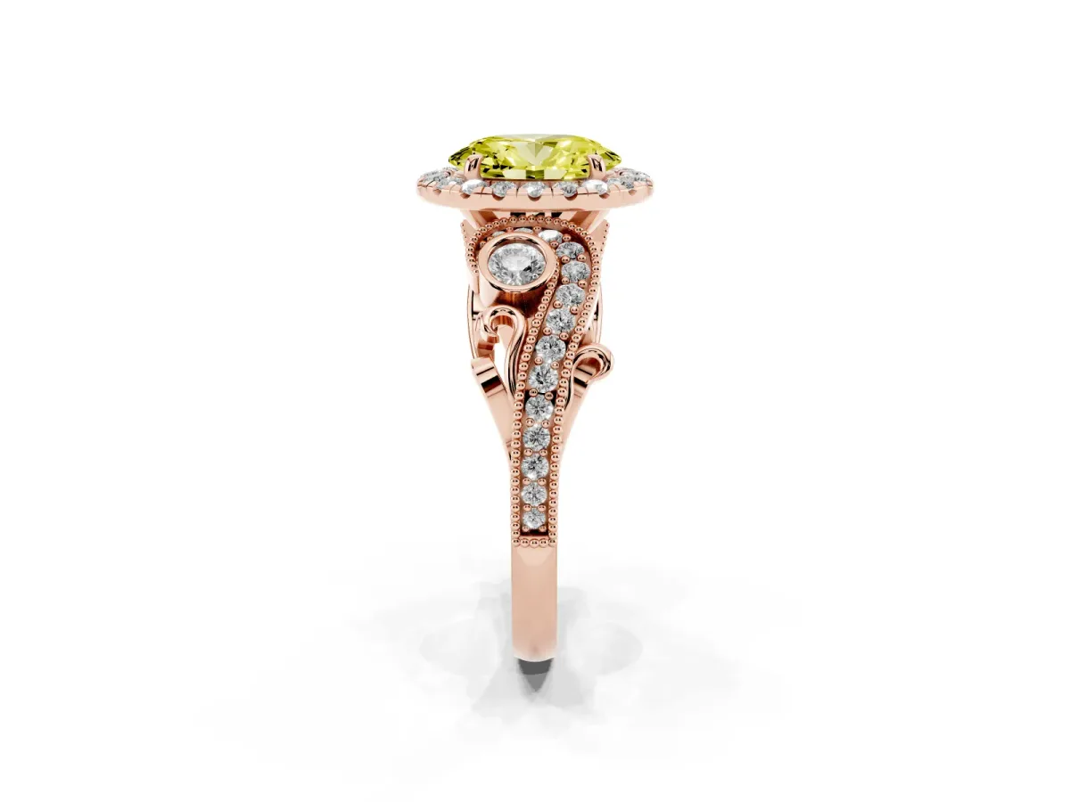 Fancy Yellow Oval Cut Diamond Halo Ring with Milgrain Pavé Band and Four-Prong Setting Rose gold