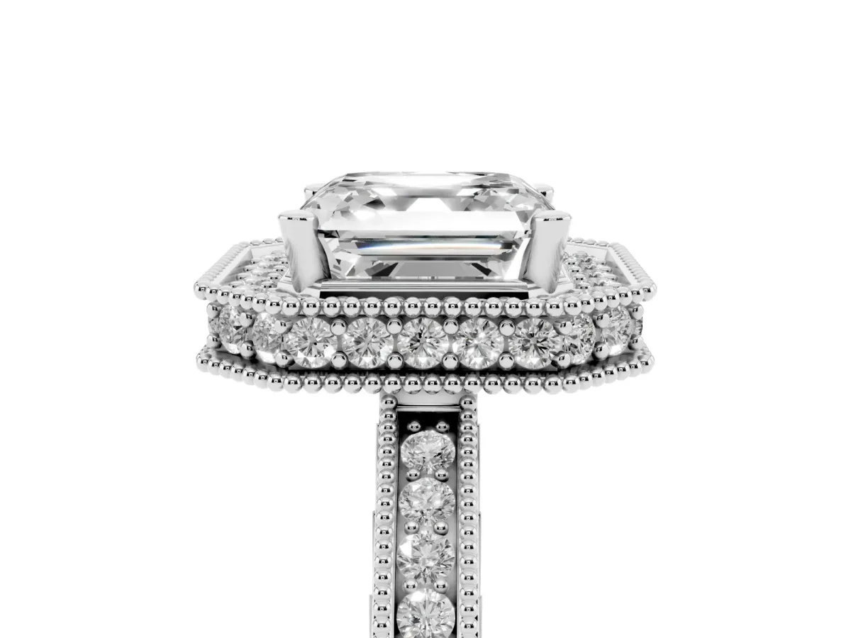 Asscher Cut Diamond Milgrain Halo Engagement Ring with Round Pavé Band and Prong Setting Platinum